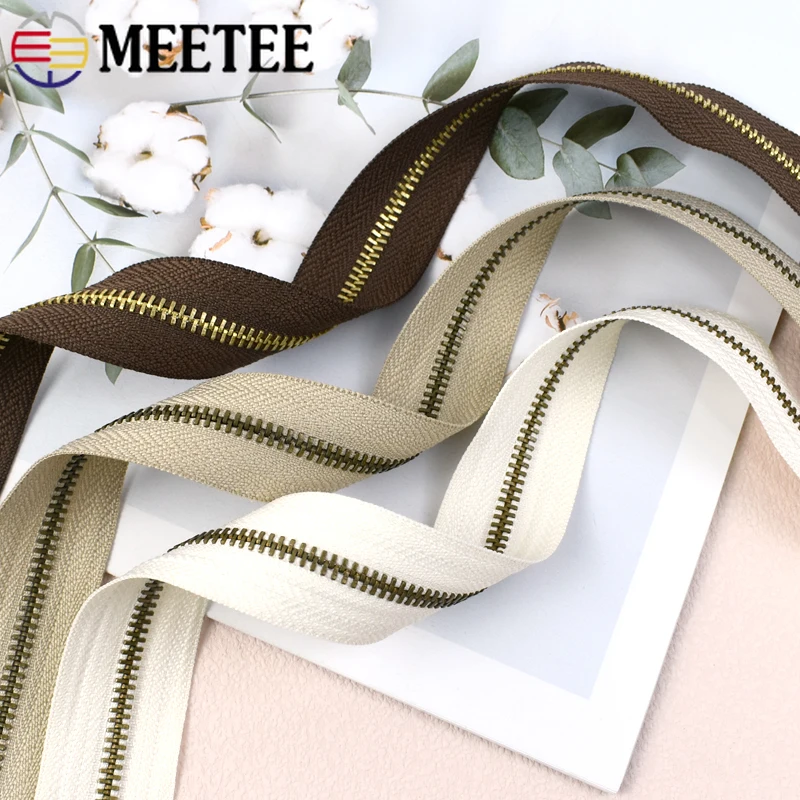 1-5M 3# 5# Metal Zipper Tape Bronze/Gold Cabbage Loop Zippers Cloth Decorative Zip Repair Kit Bag Jacket Sewing Zips Accessories