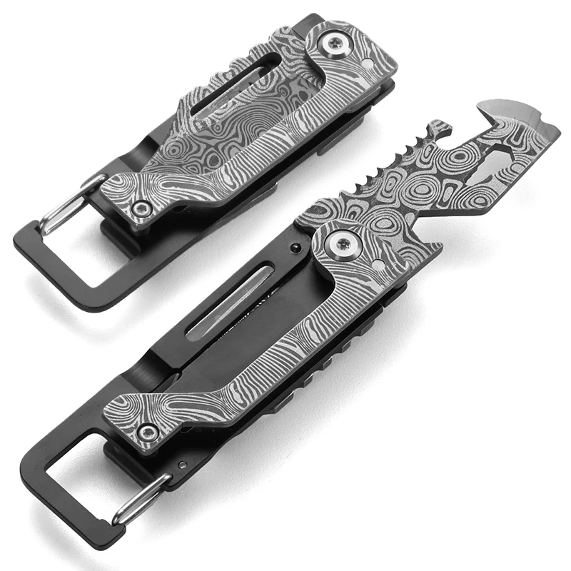 9-in-1 EDC Multitool Pocket Knife with Damascus Pattern: Portable Folding Knife, Screwdriver, Bottle/Can Opener, Wrench, Crowbar