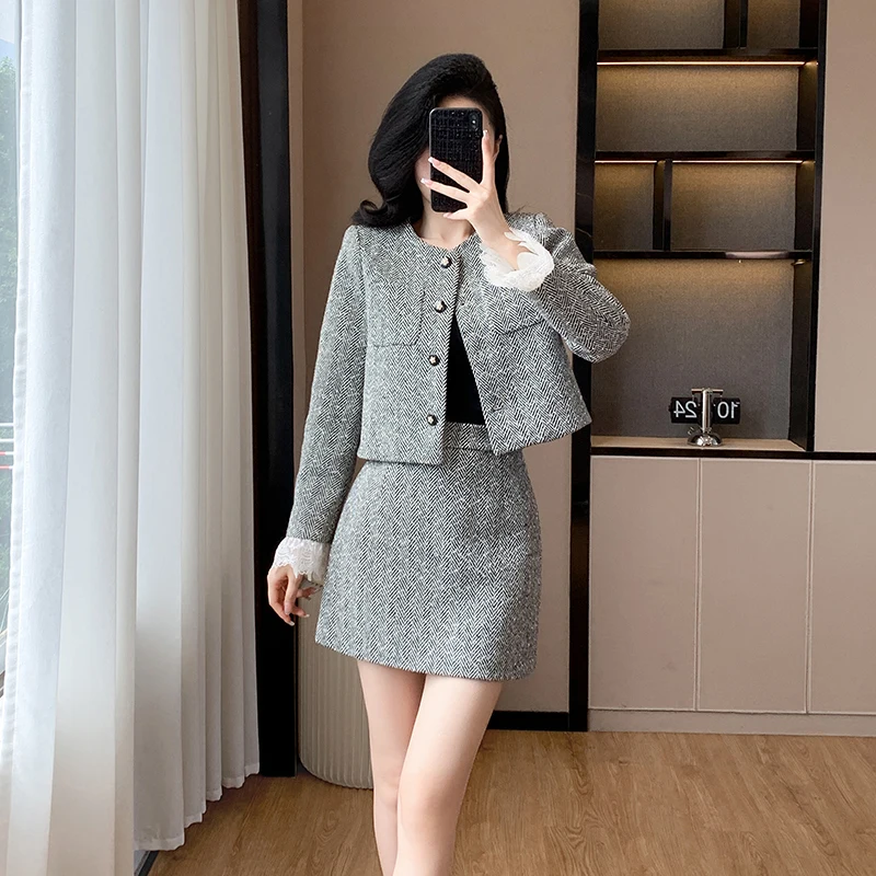 High Quality Fall Winter Tweed Skirt Two Piece Set Women Woolen Lace Patchwork Short Jacket Coat + Mini Skirt Suits Sweet Suits