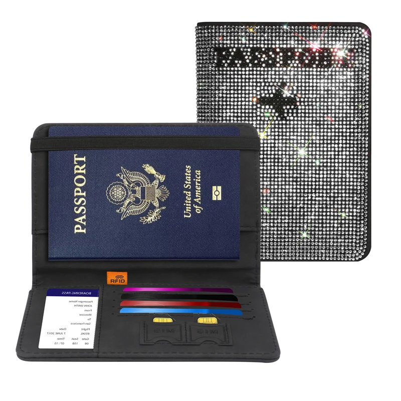 

Rhinestone Ladies Key Purse Bag Passport Holder Cover Traveling Passport Case Women Bling Card Case for Passport ID Credit Card