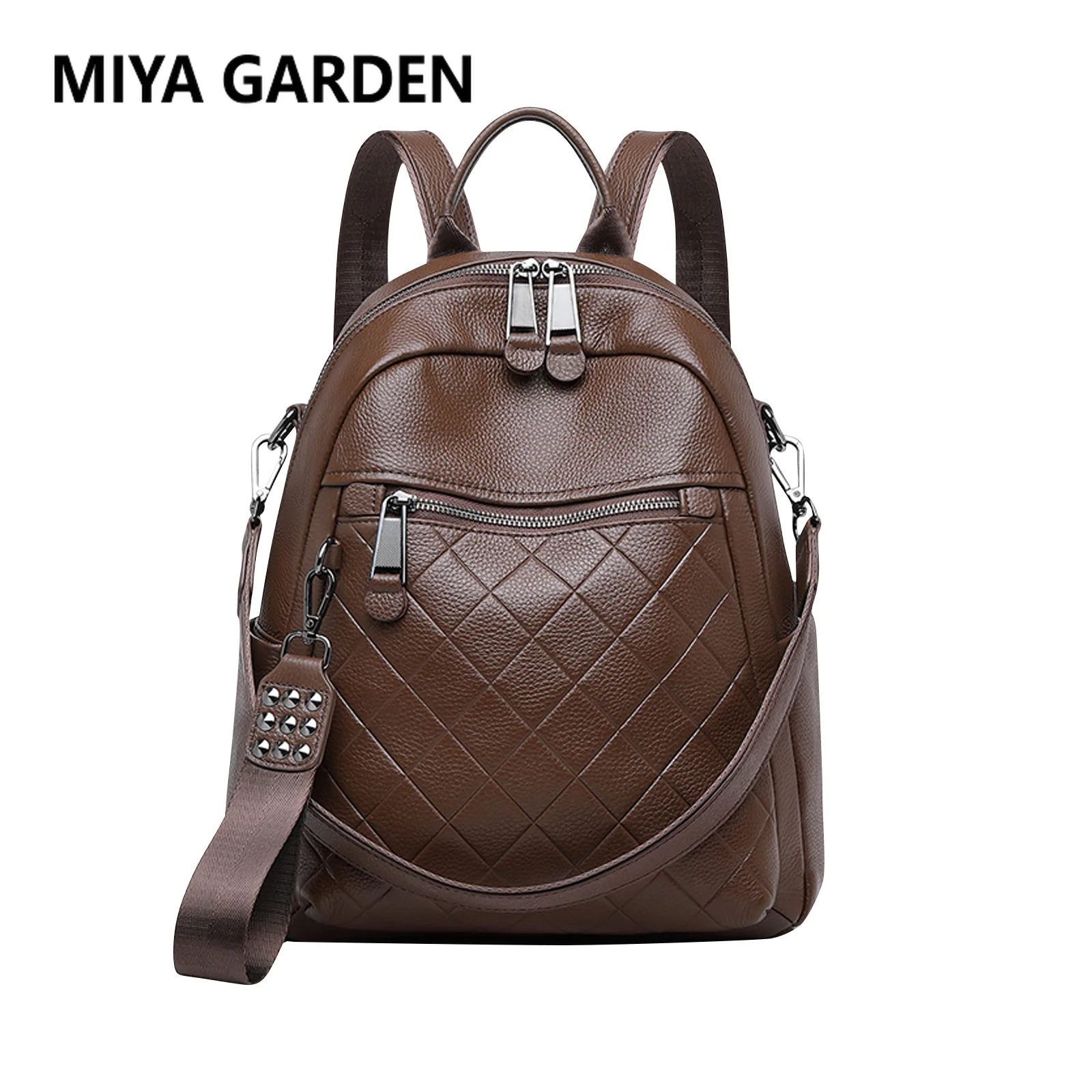 

MIYA GARDEN Genuine Leather Backpack Large Capacity Diamond Pattern Fashion Bags for Women Retro Backpacks School Bag Women's