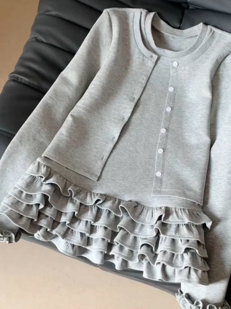 

Oversize Fake Two Piece Coat Women Autumn New Gray All-match Jackets Sweet Ruffles Patchwork Slim Fit Tops Mujer Tunic Design