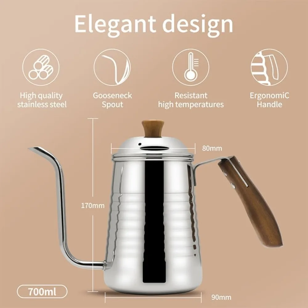 Elegant 700ml Gooseneck Kettle, Precision Pour Over Coffee & Tea, Stainless Steel, Wood Handle, Gift Box - view 2