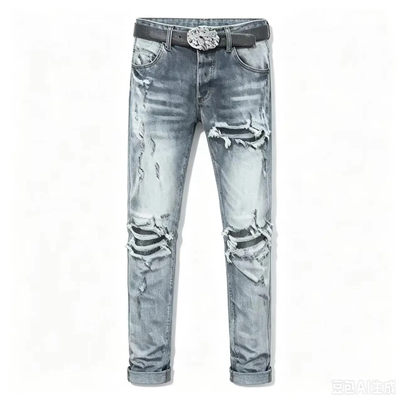 High Street Fashion New Men's Jeans with Broken Patches, Washed Nostalgic Stretch Slimming Black Grey Jeans, Hip Hop Brand Pants
