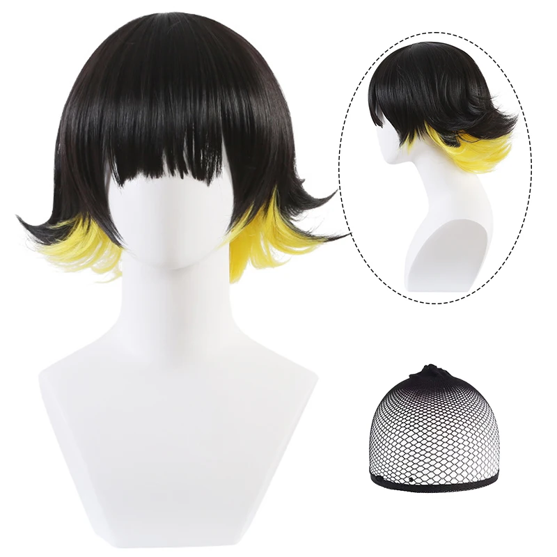 Blue Lock Meguru Bachira Cosplay Wig Men Black Yellow Hair for Halloween Party +Free Wig Cap