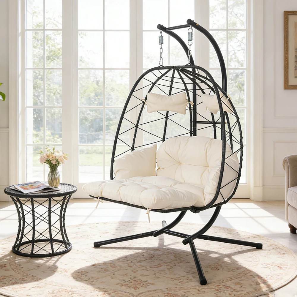 

2-Person Hanging Egg Chair w/ Stand, Outdoor Wicker Swing, Adj Footrest & Thick Cushions for Patio/Garden/Balcony