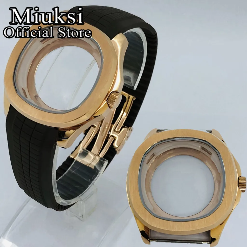 Miuksi 40mm square rose gold watch case sapphire glass black blue grey green rubber strap fit NH35 NH36 ETA2824 PT5000 movement