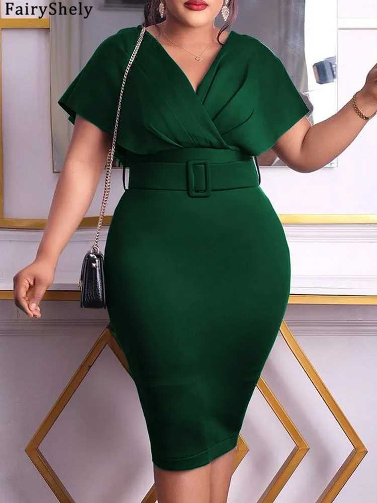 FairyShely 2025 Solidna sukienka z krótkim rękawem Plus Size Sexy Women Slim Fit Large Big Dresses Lady V Neck Party Tight Curvy Dress