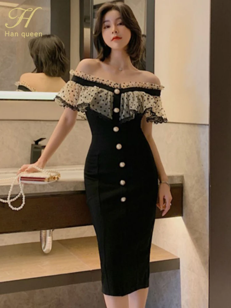 H Han Queen Elegant Slash Neck Office Pencil Dress Women Korean Slim Single-breasted Sheath Dresses Work Bodycon Vestidos Summer