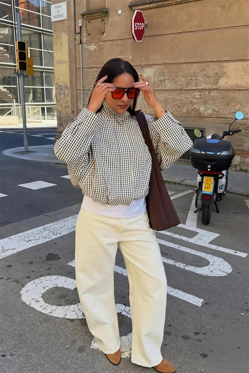 Guobioziy Women's Plaid＆Striped Coat 2026 Spring-Autumn Collection Solid Color Zipper Design Casual＆Stylish Commuter Street