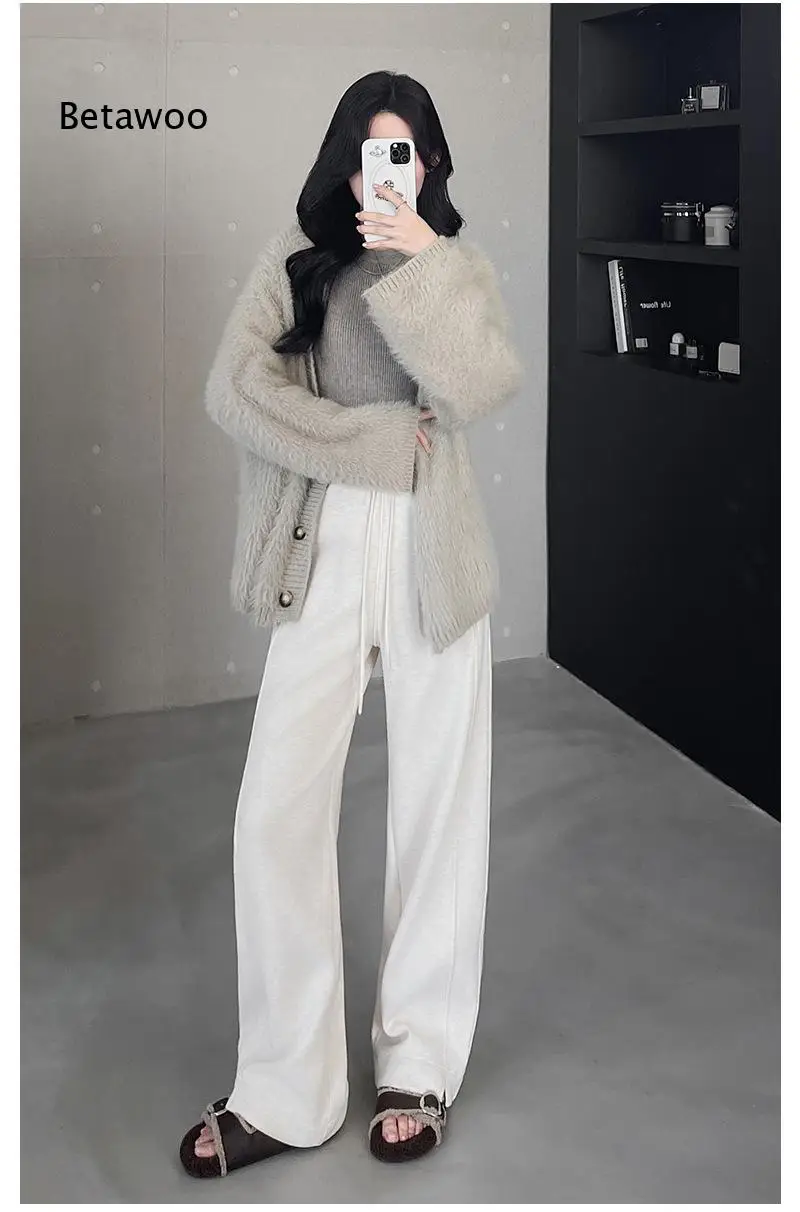 Women High Waist Wide Leg Pant With Side Slit Fleece Lined Thickened Straight Cut Trousers Good Drape For Autumn Winter Daily C