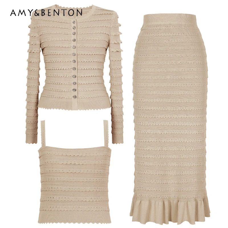 

French Style Rhinestone Women's Knitted Cardigan Jacket 2026 Spring Autumn New Versatile Fashion Sexy Slimming Skirt Set Ladies