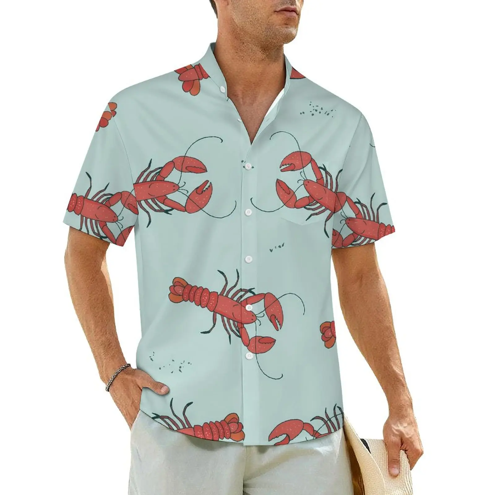 Lobster Print Hawaii Shirt For Man Beach Sea Animals Casual Shirts Short Sleeves Y2K Funny Custom Vintage Plus Size 4XL Blouses