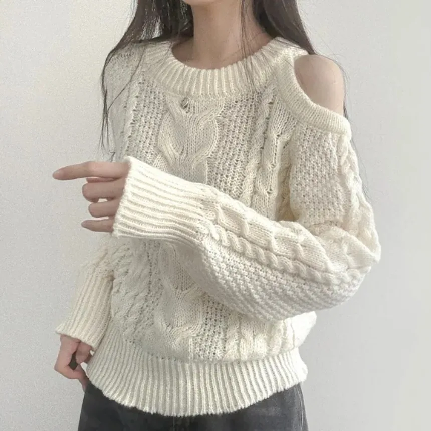 

Chic Autumn Winter Knitted Sweater Women's Loose Long Sve Twist Design Classy oulder Bared Top Comfortable Polyester Blend