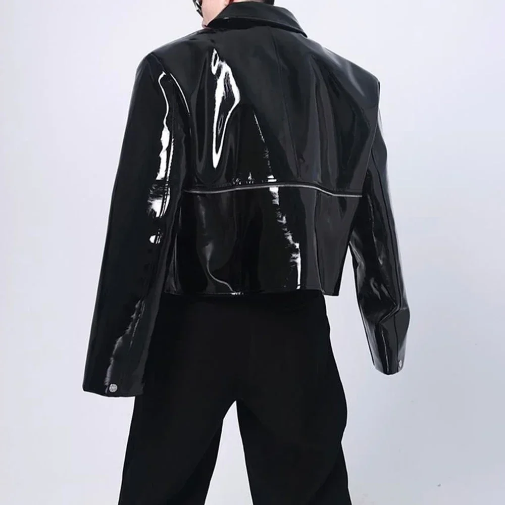 Mens Jacket Shiny Leather Jacket Handsome Performance Stage Outfit Autumn Elegant British Excellent Patent Leather Jacket