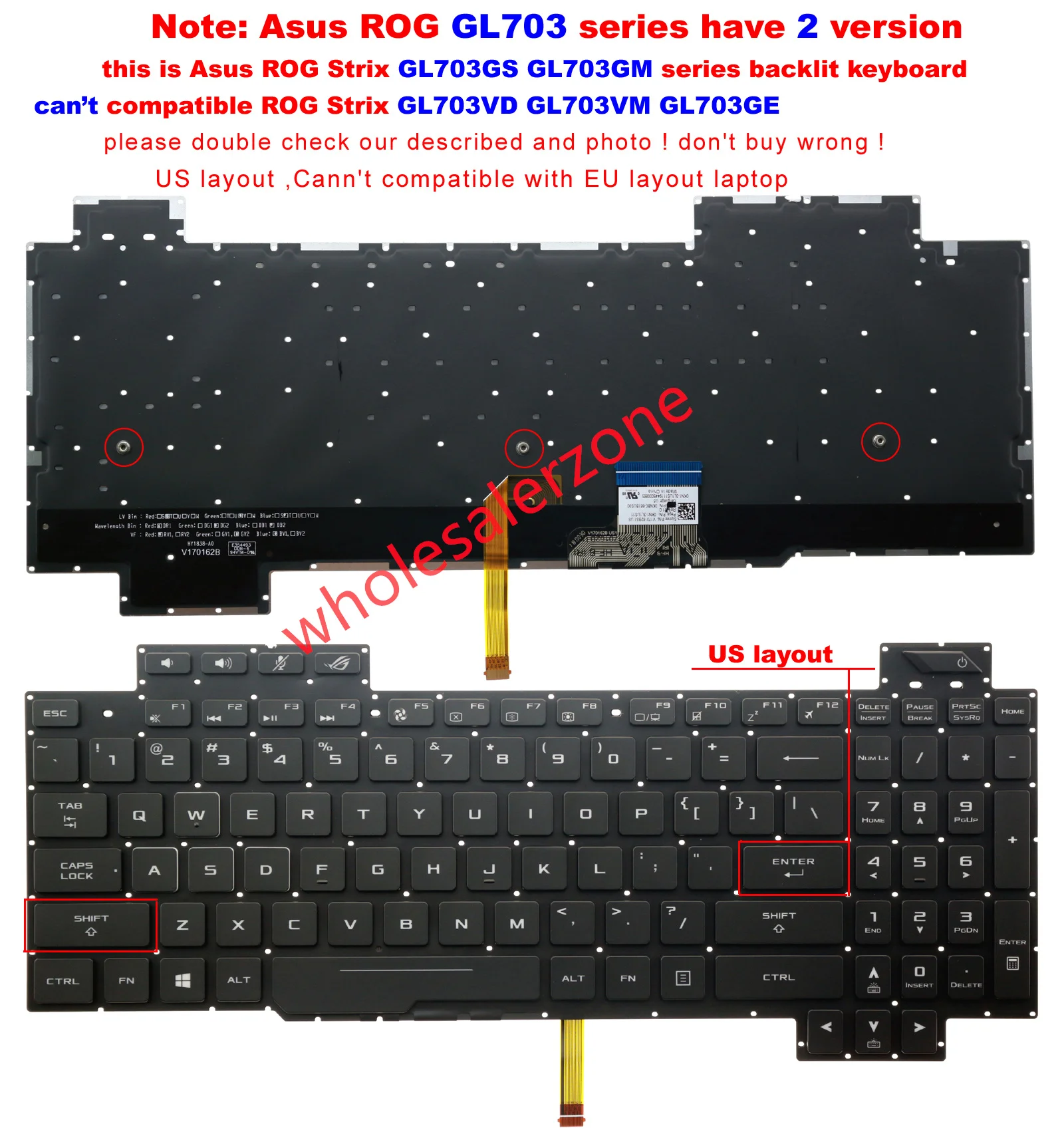 RGB color Backlit Keybaord for Asus ROG Strix GL703GM GL703GS series laptop US layout keyboard