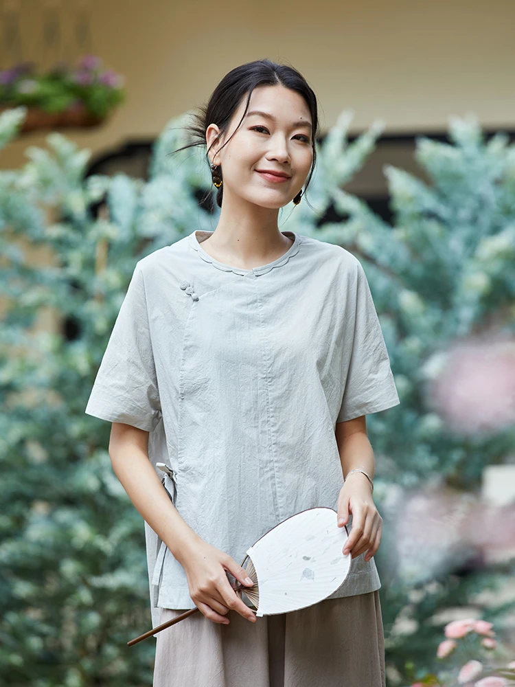 

Pure Cotton Lace Collar Shirt Women's Summer Chinese Zen Style Button up Top Loose Fit Retro Commute Style Short Sleeve