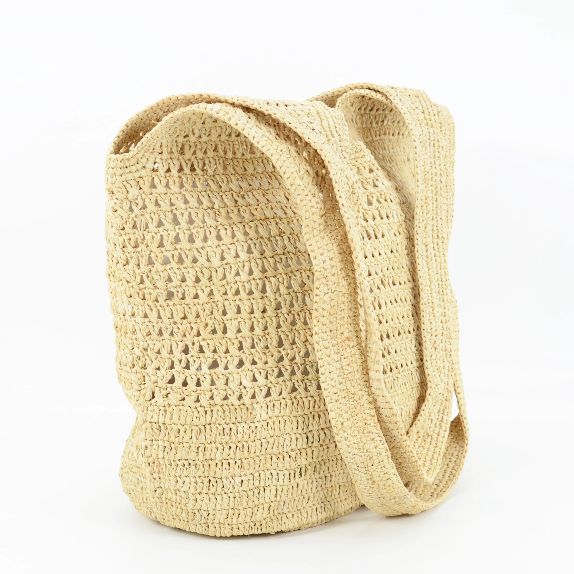 Handmade Crocheted Natural Raffia Shoulder Bag Hollow Out Design