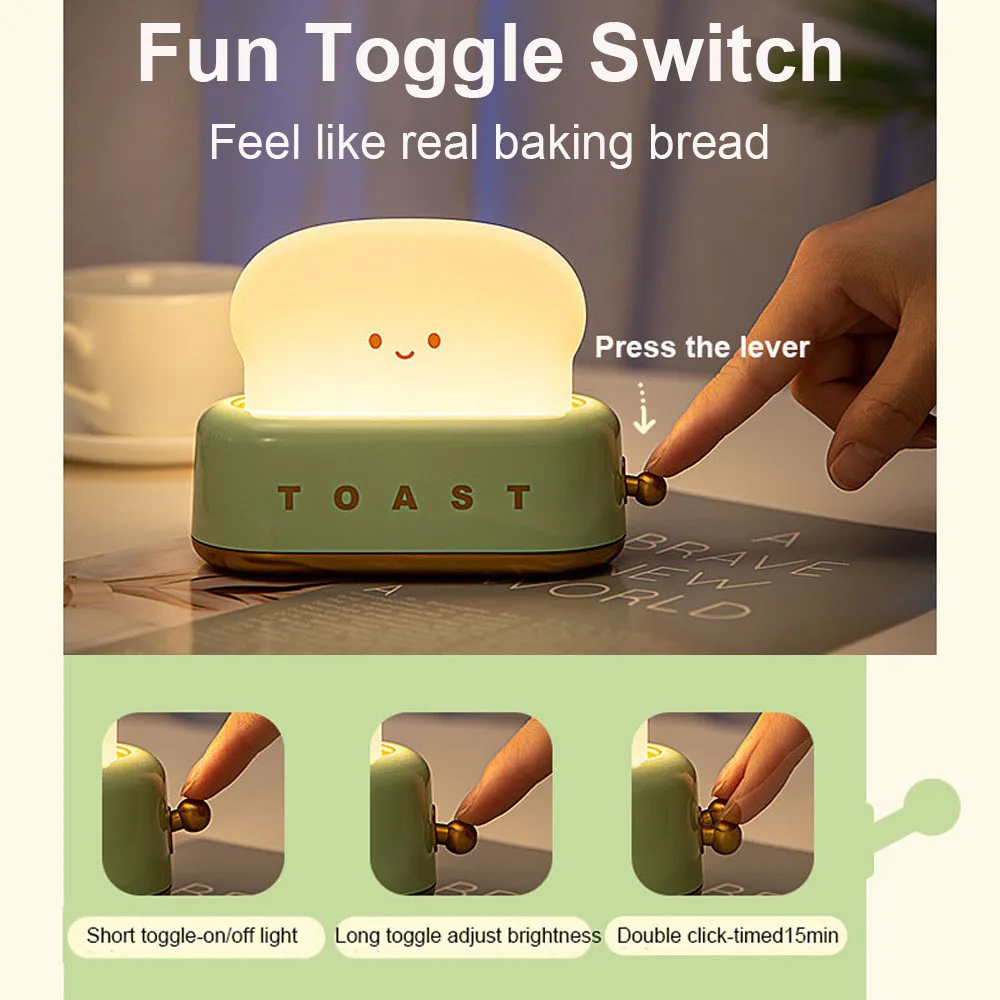 Cute Toast Night Light USB Rechargeble with Smile Face Toast Bread Lamp for Bedroom Bedside Living Room Desk Decorations Lights