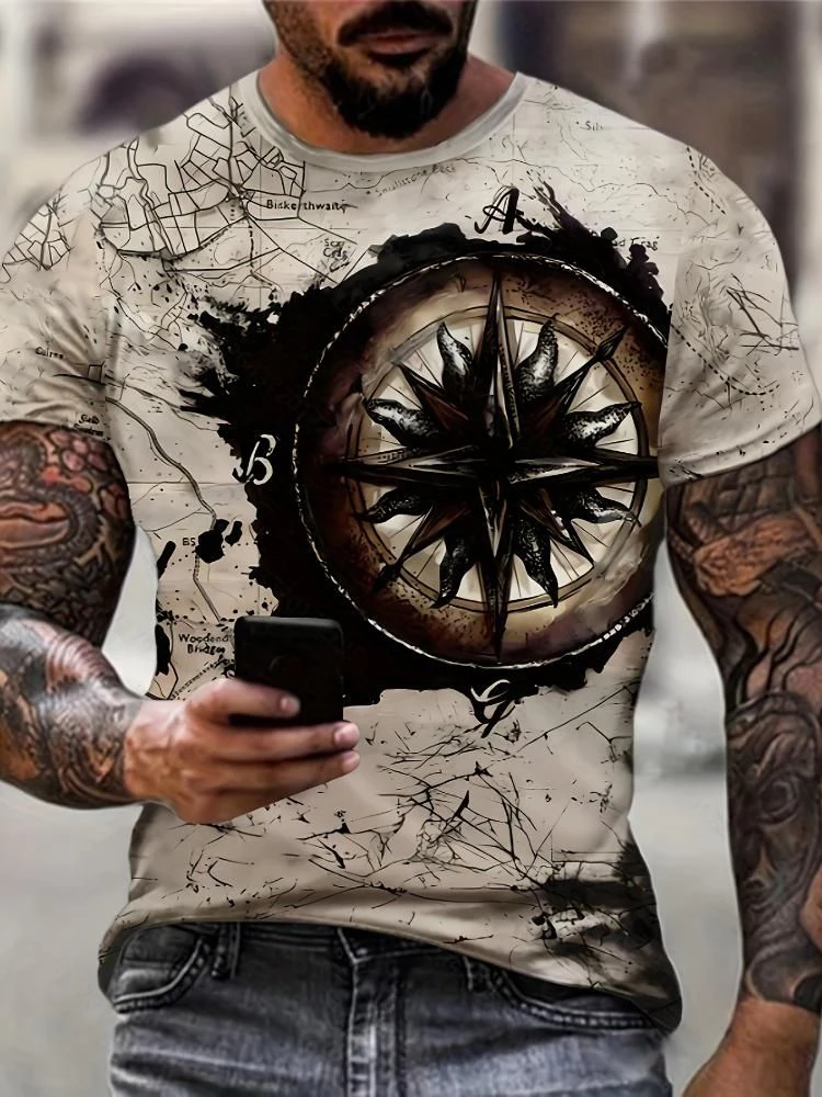 Pirate Ship Compass 3D Print T-Shirts Men's Short Sleeve O-Neck T Shirt Casual Streetwear Harajuku Y2K Tops Tees Men Clothing