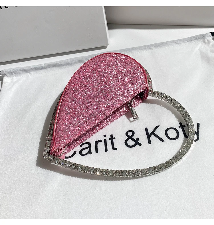 Glitter Sequins Heart-Shaped Fashion Women Handbag Crystal Shiny Rhinestones Metal Handle Evening Bag Wedding Party Clutch Purse