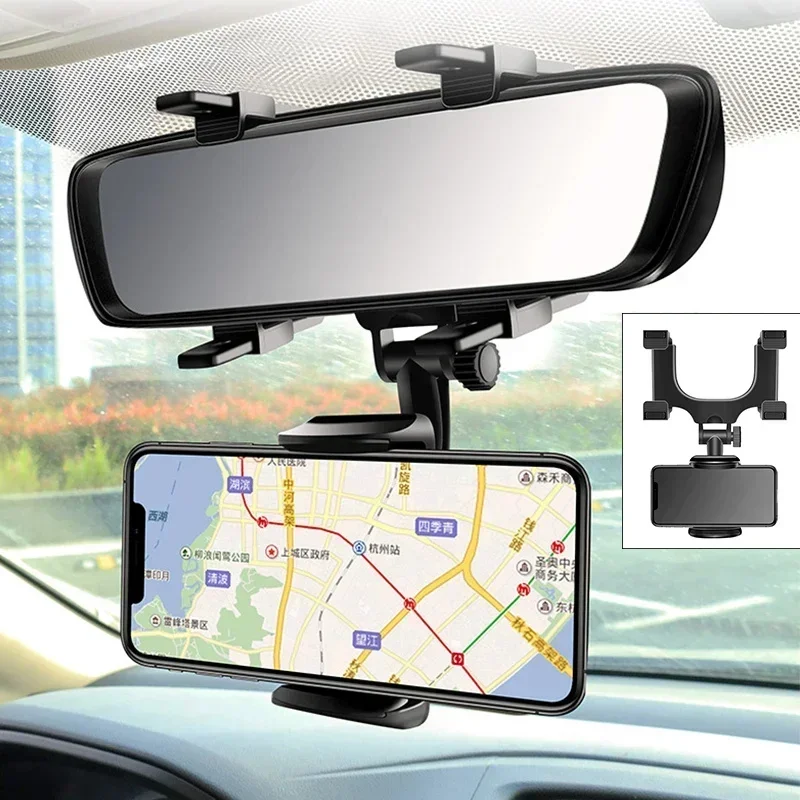 360 Car Phone Holder Rearview Mirror Mount Bracket Navigation GPS Mobile Stand Clip Foldable Adjustable Car Cell Phone Support