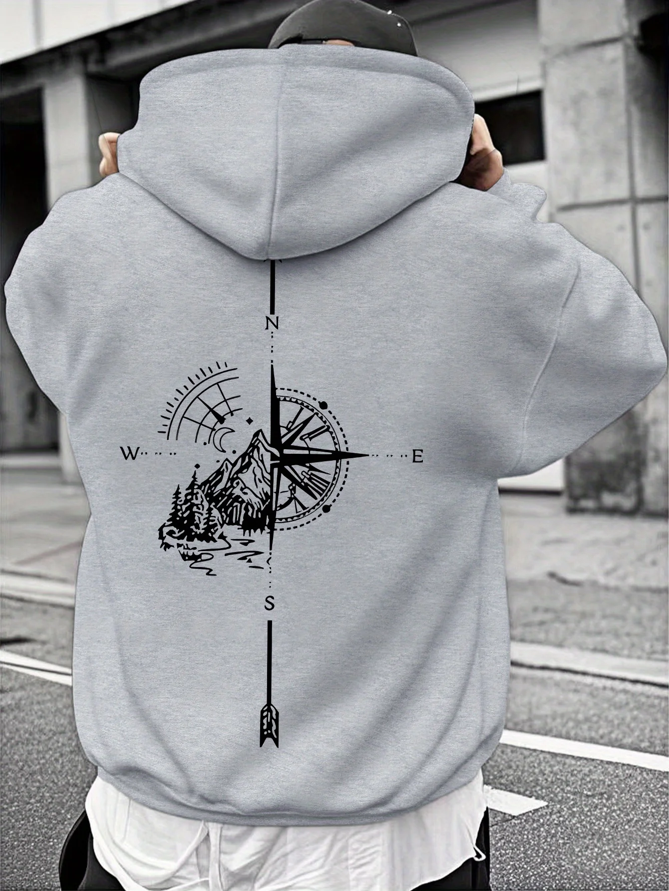 Autumn/Winter Trendy Hip Hoo Retro Compass Print Warm Men's Hooded Sweatshirt Outdoor Sports Casual Streetwear