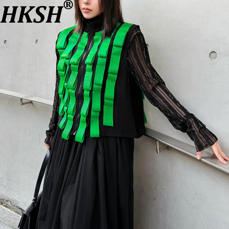

HKSH Spring Autumn New Women Waistcoat Color Block Patchwork Ribbon Stand Collar Zipper Elegant Stylish Trend Casual Top HK17327