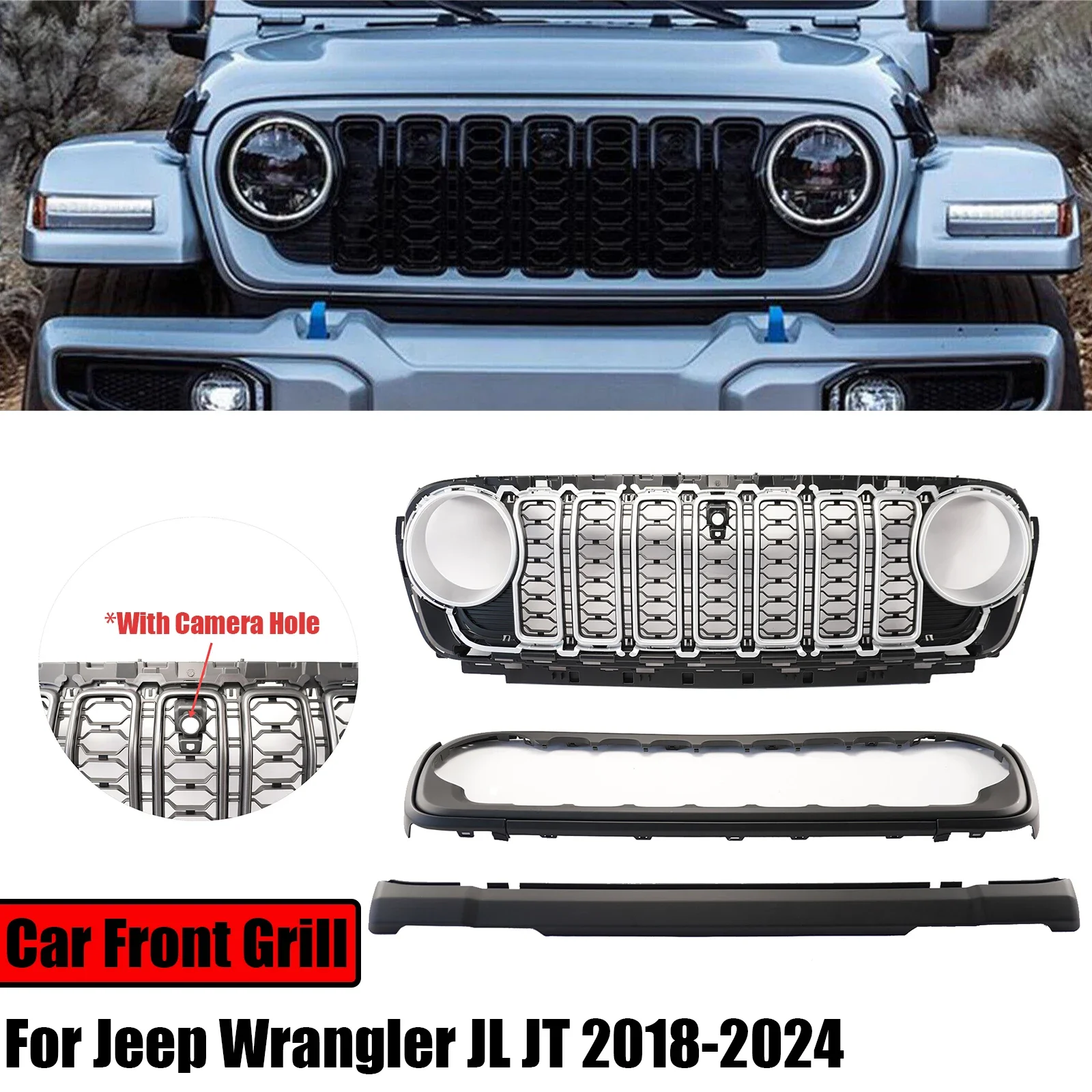 Car Front Grill For Jeep Wrangler JL JT 2018-2024 With Camera Hole Exterior Accessories Matte Black/Silver Body Kit Grille