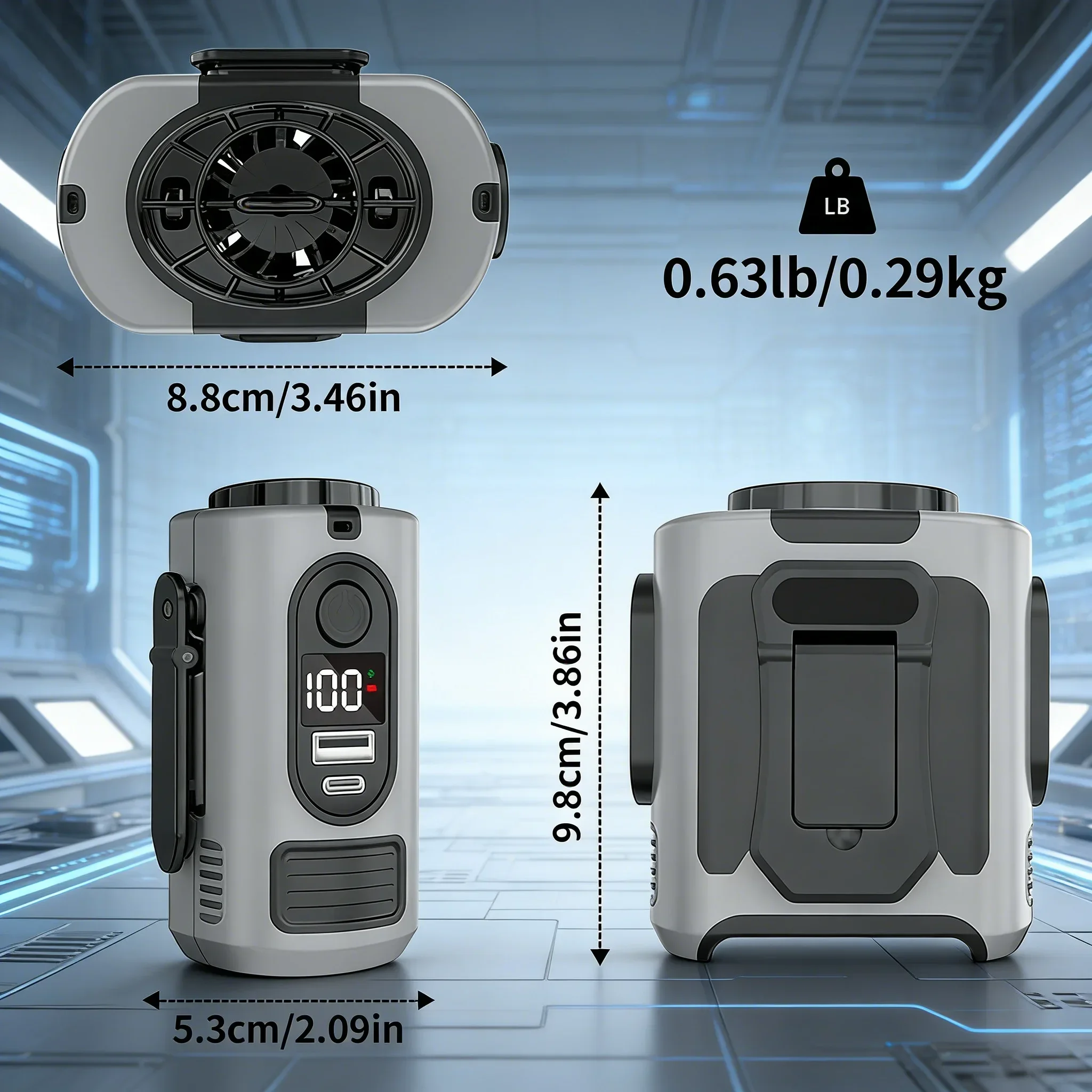 Image of Gürtelclip Kühlventilator mit 130° großem Luftstrom 45° verstellbar Digitalanzeige 10000mAh Akku Notstrombank ultraleicht 0,63lb für Angeln Golf Radfahren Kurier Gartenarbeit Camping Außeneinsatz