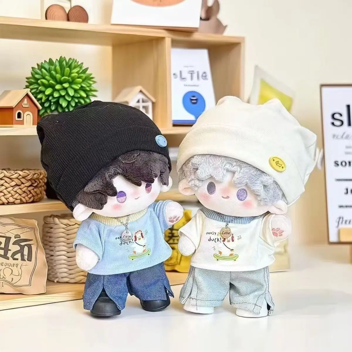 20cm Cotton Doll Clothes Casual T-shirt + Wide Leg Pants + Hat + Pendant  4Pcs/Set Doll Accessories for Kpop Idol Plush Dolls