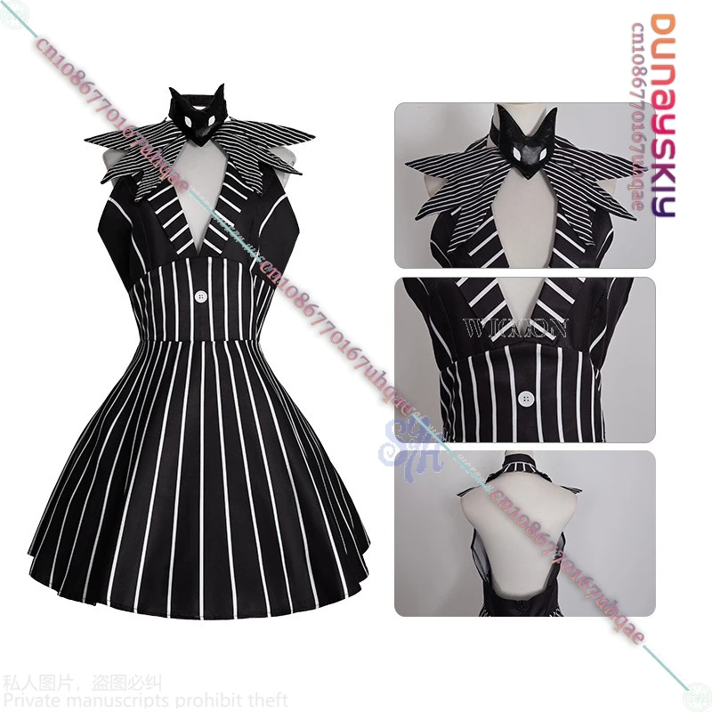 أنيمي أنشطة الهالوين حفلة تأثيري Skully Genderswapped أسود أبيض مخطط بلا أكمام عارية الذراعين {SAIKOU} فستان القوطي لوليتا #4