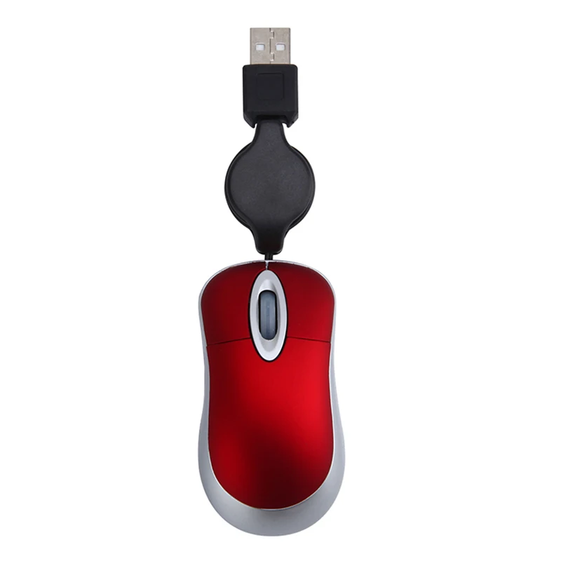 Mini USB Wired Mouse Retractable Cable Tiny Small Mouse 1600 DPI Optical Compact Travel Mice for 98 2000 XP Vista Ve (Red)