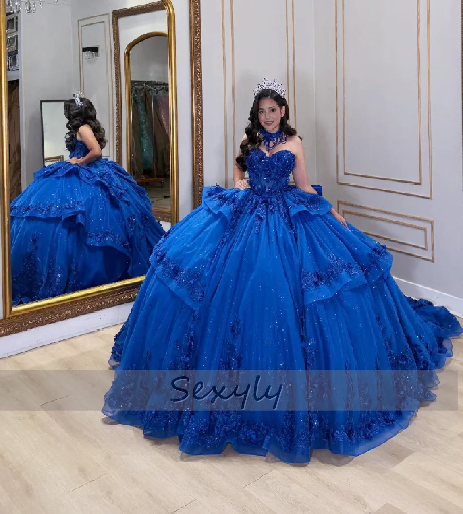 

Великолепное королевское синее платье Vestidos De 15 Quinceañera, элегантное многоуровневое кружевное платье принцессы с оборками, милое платье 16, 2025 по индивидуальному заказу