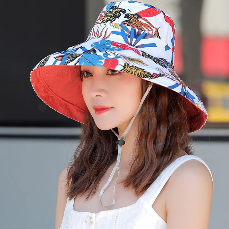 

Leaves Pattern Bucket Hat Summer Beach Panama Women Fashion Foldable Sun Hats Large Brim Panama Bohemia Style Sunhat Visors