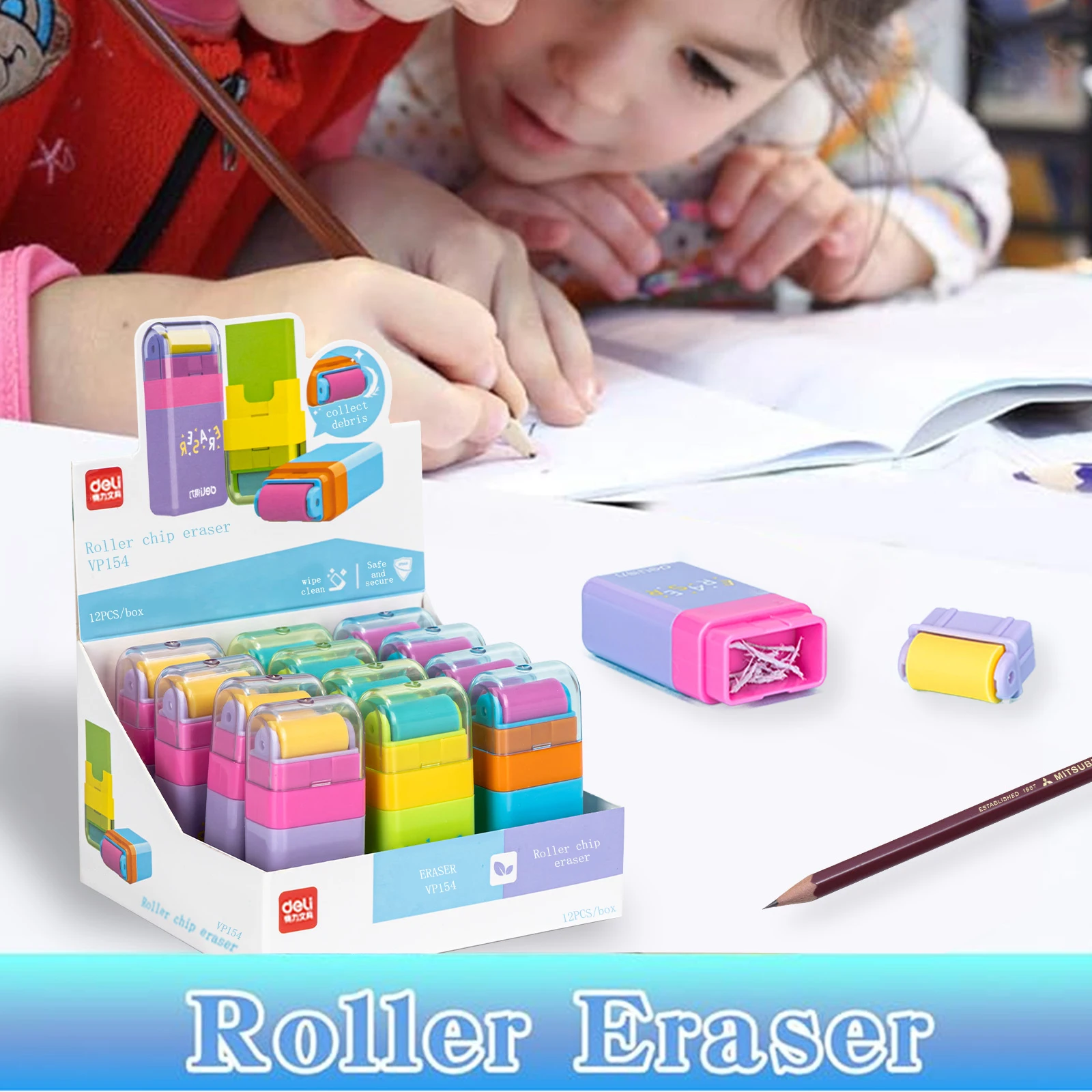 Deli 12Pcs Colorful Roller Eraser with Roller Cleaning Eraser for Kid School Supply Correction Rubber Stationery Store Wholesale