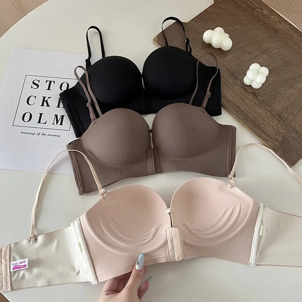 A Cup Small Breast Special Thickening Show Large Front Buckle Type Gathered Bra Bra Strapless Non-slip Back Underwear Female