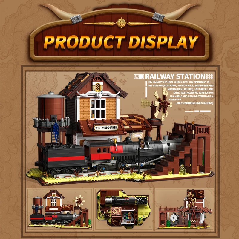 3885PCS Western Train Station Building Blocks Model Toys MOC Street View Assembly Bricks Desktop Decoration DIY Toys For Gifts