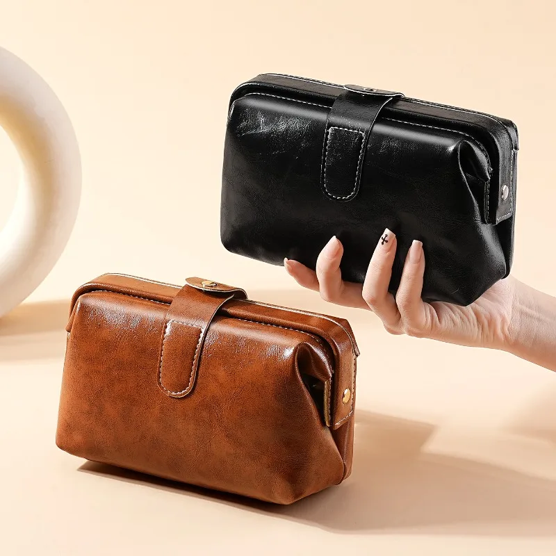 Fashion Vintage PU Leather Cosmetic Bag for Women Girl Solid Color Button Coin Purse Large Capacity Makeup Case Waterproof
