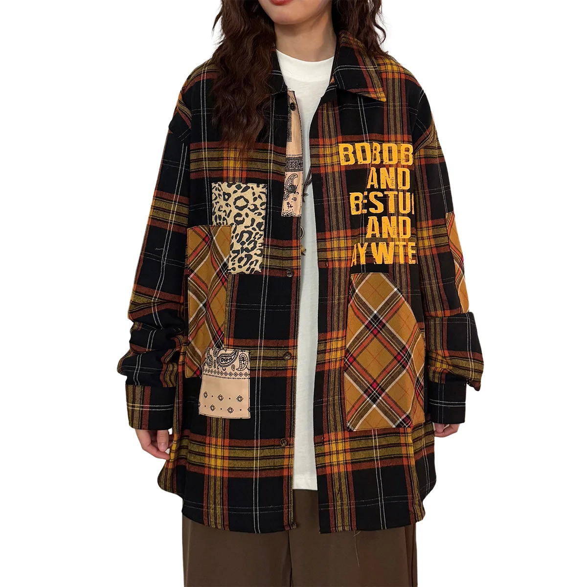 UATONLINE2026 Spring Autumn American Retro Plaid Splicing Design Long Sleeve Women's Shirt Couple's Top Trendy Street Style L...