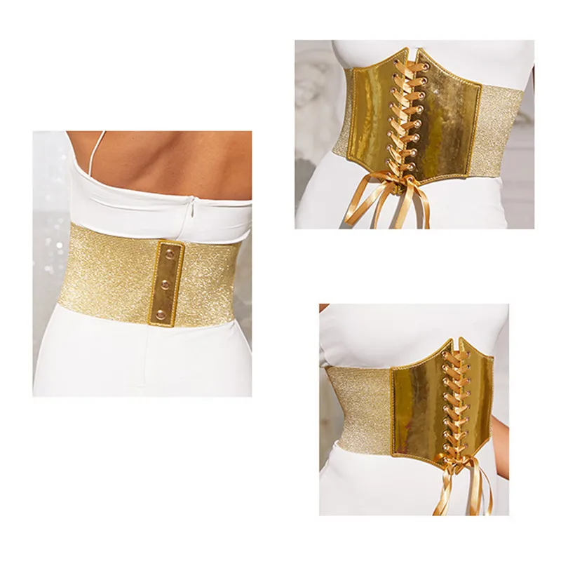 Goth Gothic Clothing Underbust Corset Women Belts Elastic Wide Bright Leather Golden Corsets for Waist Trainer