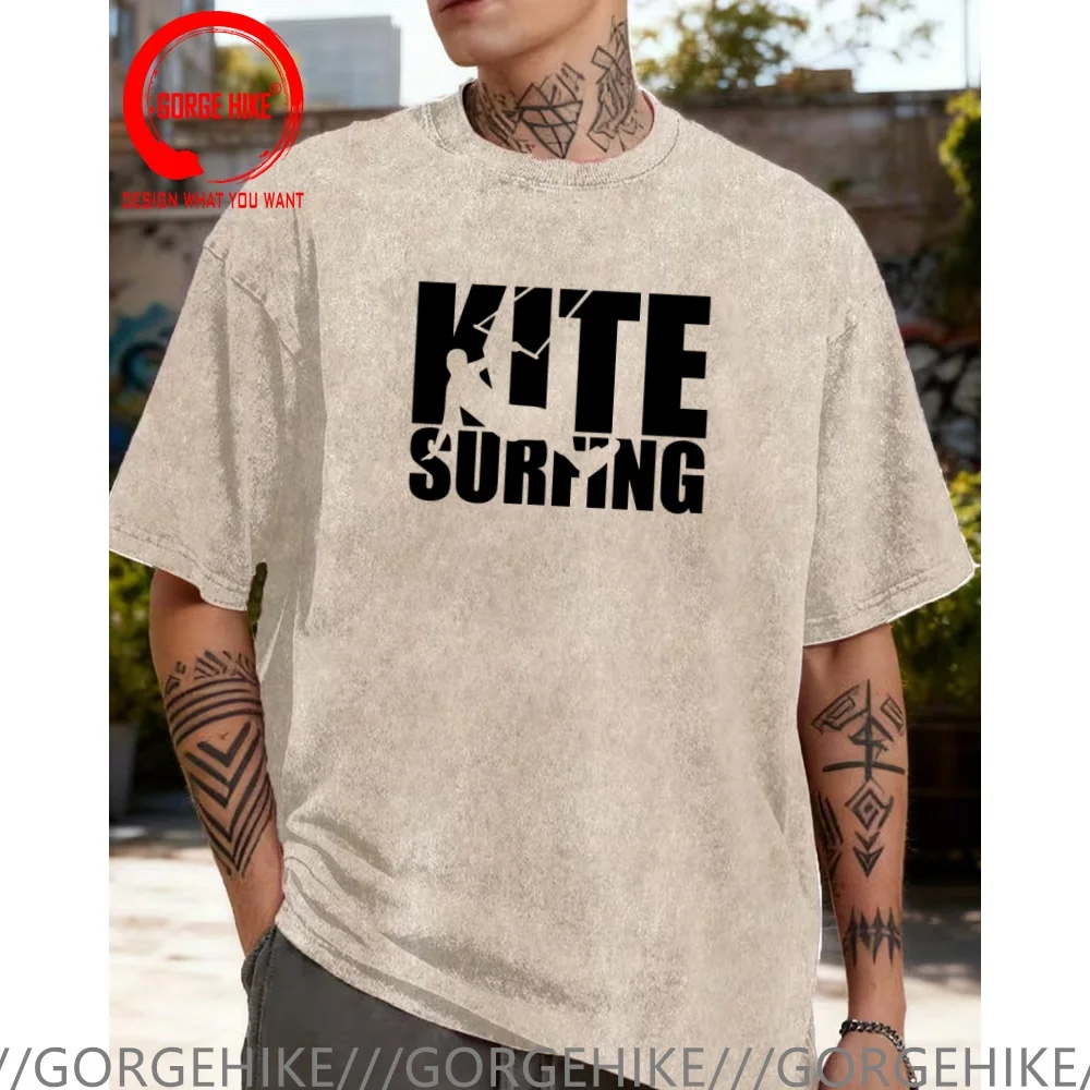 Vintage Washed Cotton T-Shirt Funny Designer kitesurfer kitesurfing T Shirt Men Fashion Trendy Casual Clothing Stylish Tops Tees