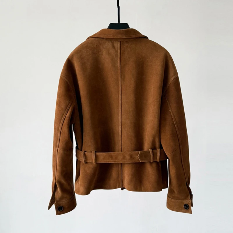 Imported A-level Goatskin Women's Kid Suede Jacket 2025 Fall Fashion Belt Pockets Female Real Leather Suede Short Jacket Tops