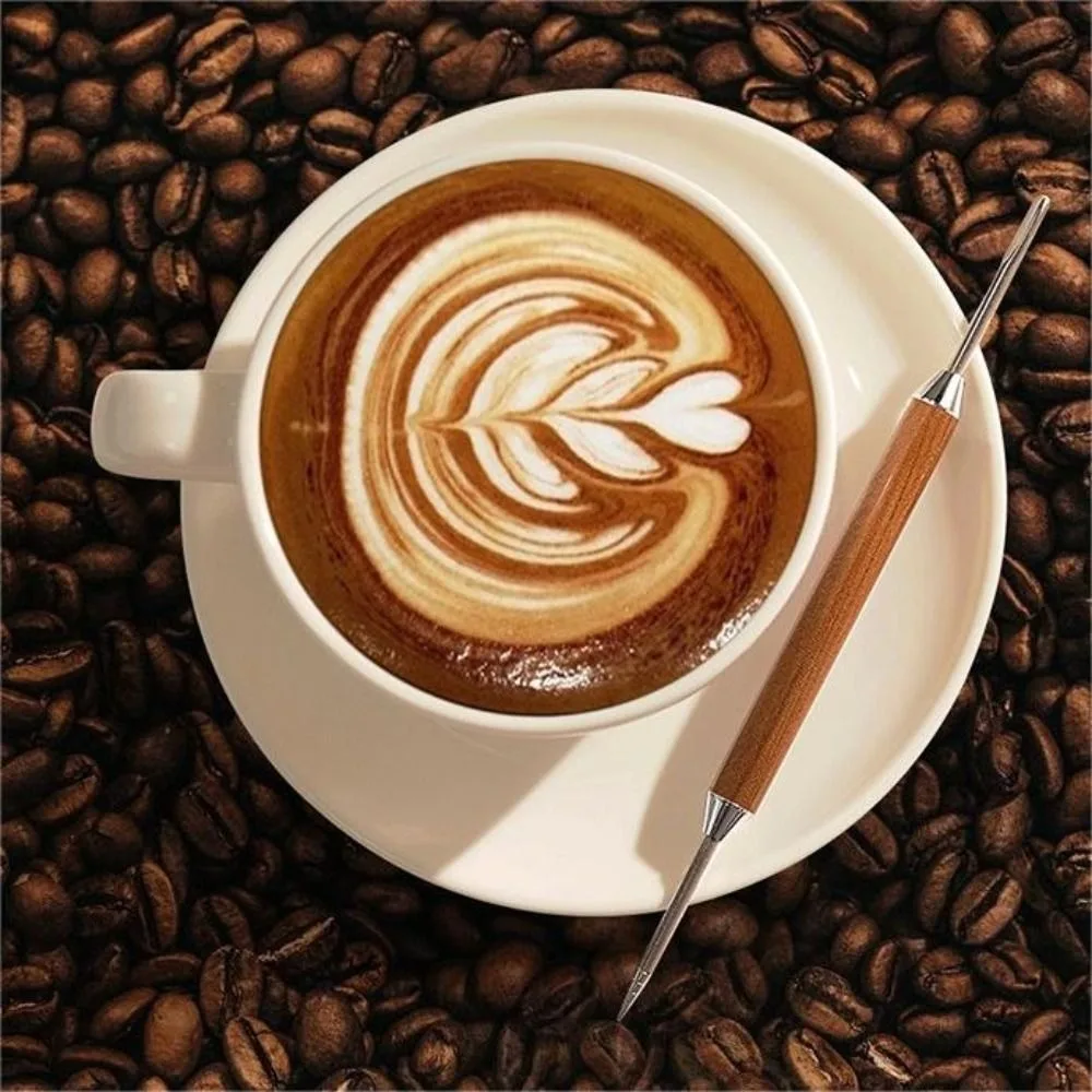 Stainless Steel Coffee Art Needles with Wood Handle with Box Coffee Latte Art Pen Double Ended Design Rustproof