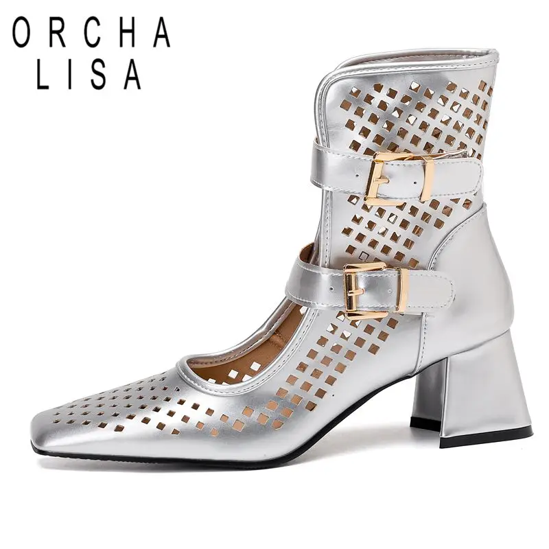 

ORCHA LISA 2025 Fashion Design Female Sandals Square Toe Chunky Heels 6cm Double Buckle Strap Breathable Large Size 45 46 47 48