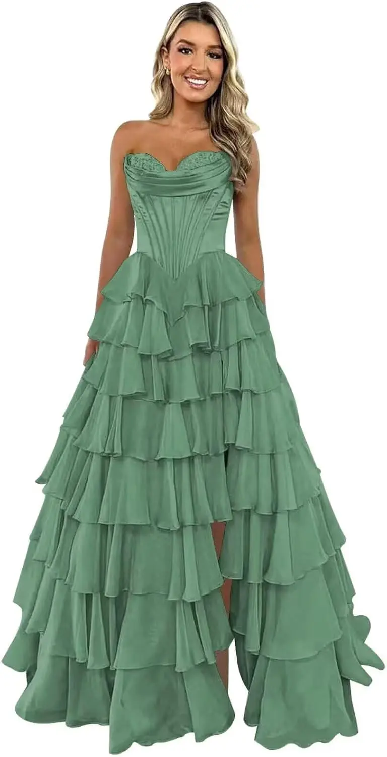 

Бальное платье без бретелек без бретелек без бретелек Плиссированное многослойное шифоновое длинное бальное платье Милая плотный корсет Вечернее платье трапециевидной формы