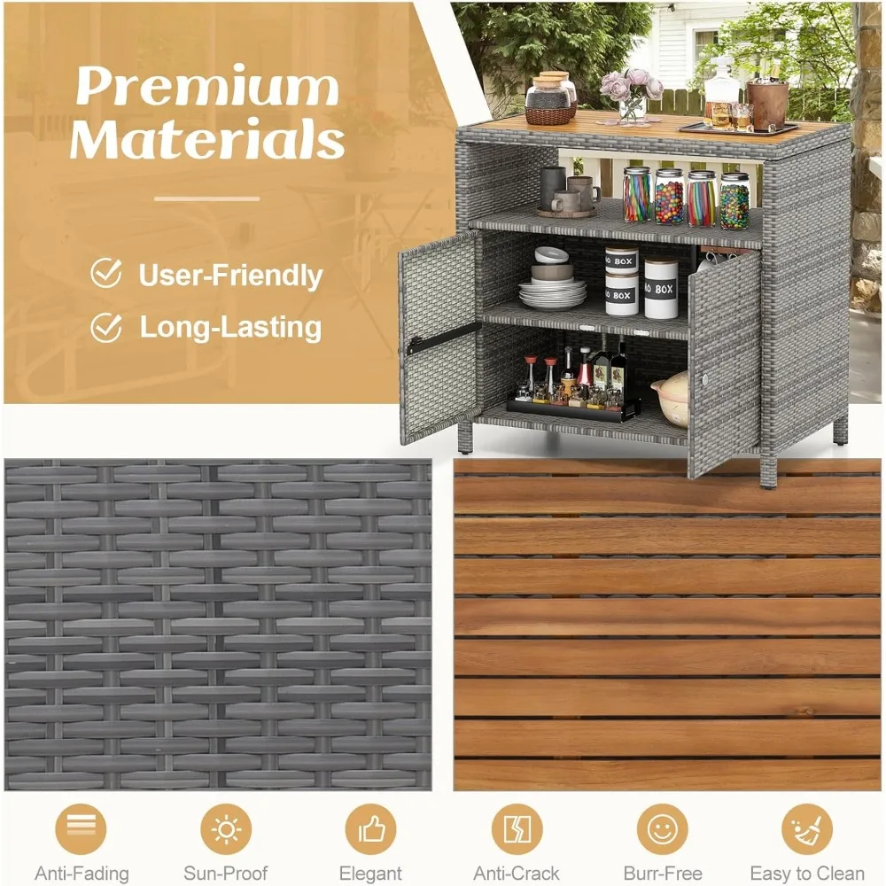 RELAX4LIFE Barschrank für den Außenbereich aus Korbgeflecht – PE-Rattan-Terrassen-Bartisch mit Arbeitsplatte aus Akazienholz, offenes Regal und 2 Türen, Buffet-Sidebox