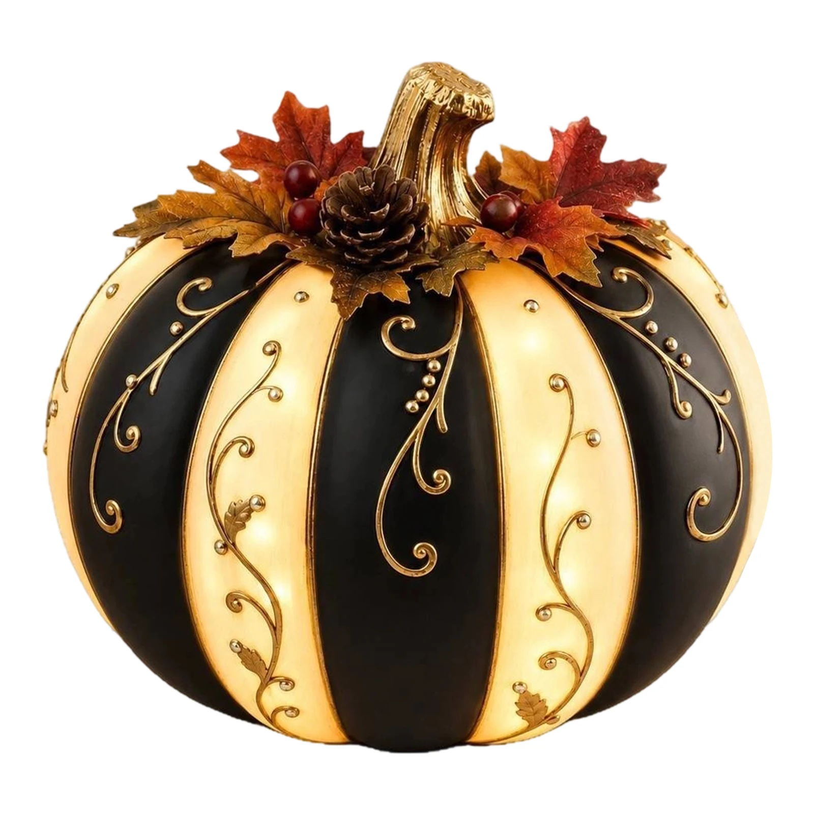 Resin Pumpkin Lantern Lighted Black White Striped Gold Swirl Warm Flickering Glow Fall Halloween Farmhouse Decor