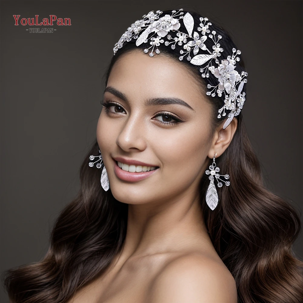 

YouLaPan Bride Headband Silver Color Alloy Leaf And Alloy Flower Wedding Headwear Accessories Women Tiara Earring Set HP519