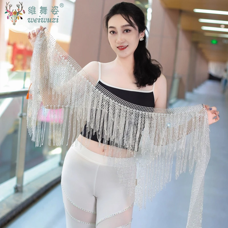 เข็มขัดเต้นรำท้อง เข็มขัดหิน AB ที่มีประกายพู่สามเหลี่ยมผ้าพันคอสะโพกสำหรับผู้หญิงอุปกรณ์เสริมการเต้นรำแบบตะวันออกเข็มขัด